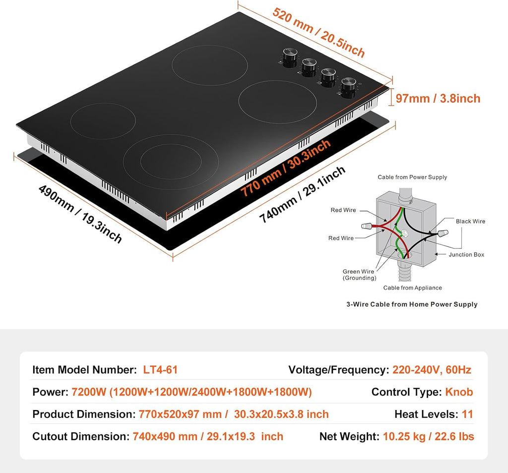Happybuy 30 - Inch Electric Cooktop: A 7200W Marvel for Your Kitchen! This built - in stove top comes with 4 burners, a sleek glass panel, and user - friendly knob controls