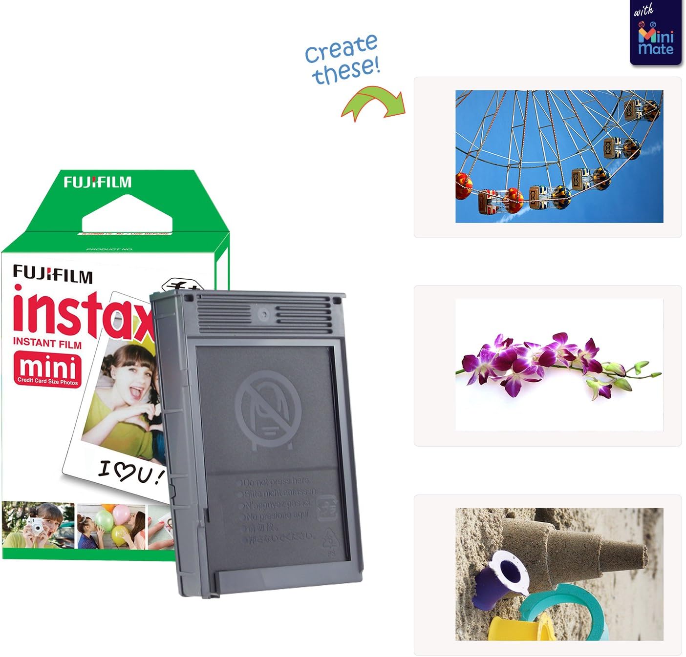 Fujifilm Instax Mini 12 Instant Camera + MiniMate Accessory Bundle & Compatible Custom Case + Fuji Instax Film Value Pack (50 Sheets) Flamingo Designer Photo Album (Clay White)