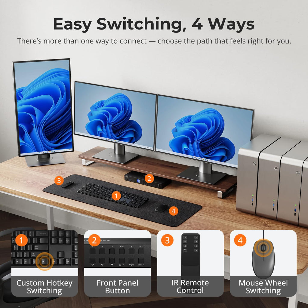 TESmart USB 3.0 KVM Switch 3 Monitors 4 Computers 4K@60Hz, HDMI+DP KVM Docking Station, EDID Emulators, 1G Ethernet, Hotkey Switch, 2K@144Hz for Gaming & Home Office, Audio & Mic with All Input Cables