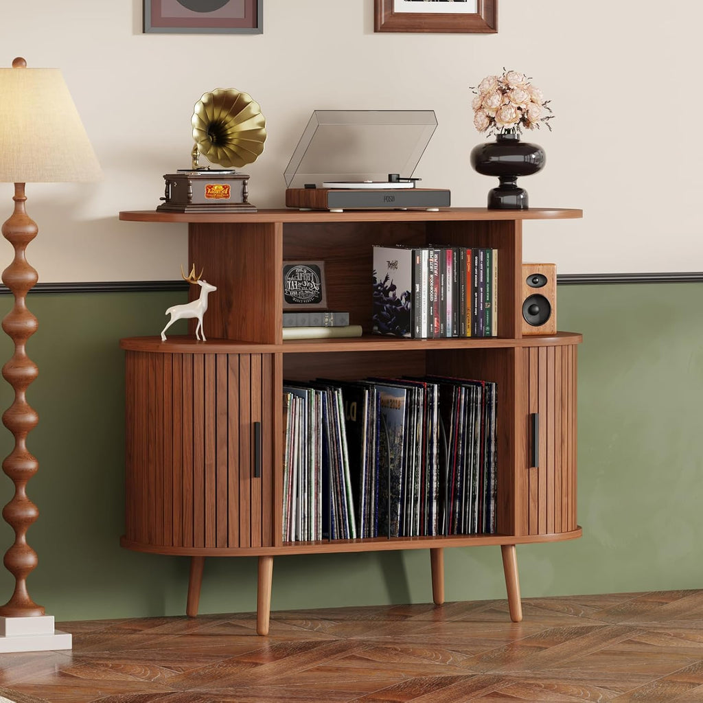 35.4' Record Player Stand with Storage - Vinyl Record Storage Cabinet & Media Console Holds 300+ Records, Mid Century Modern Turntable Stand for Living Room (Walnut, 35.4')