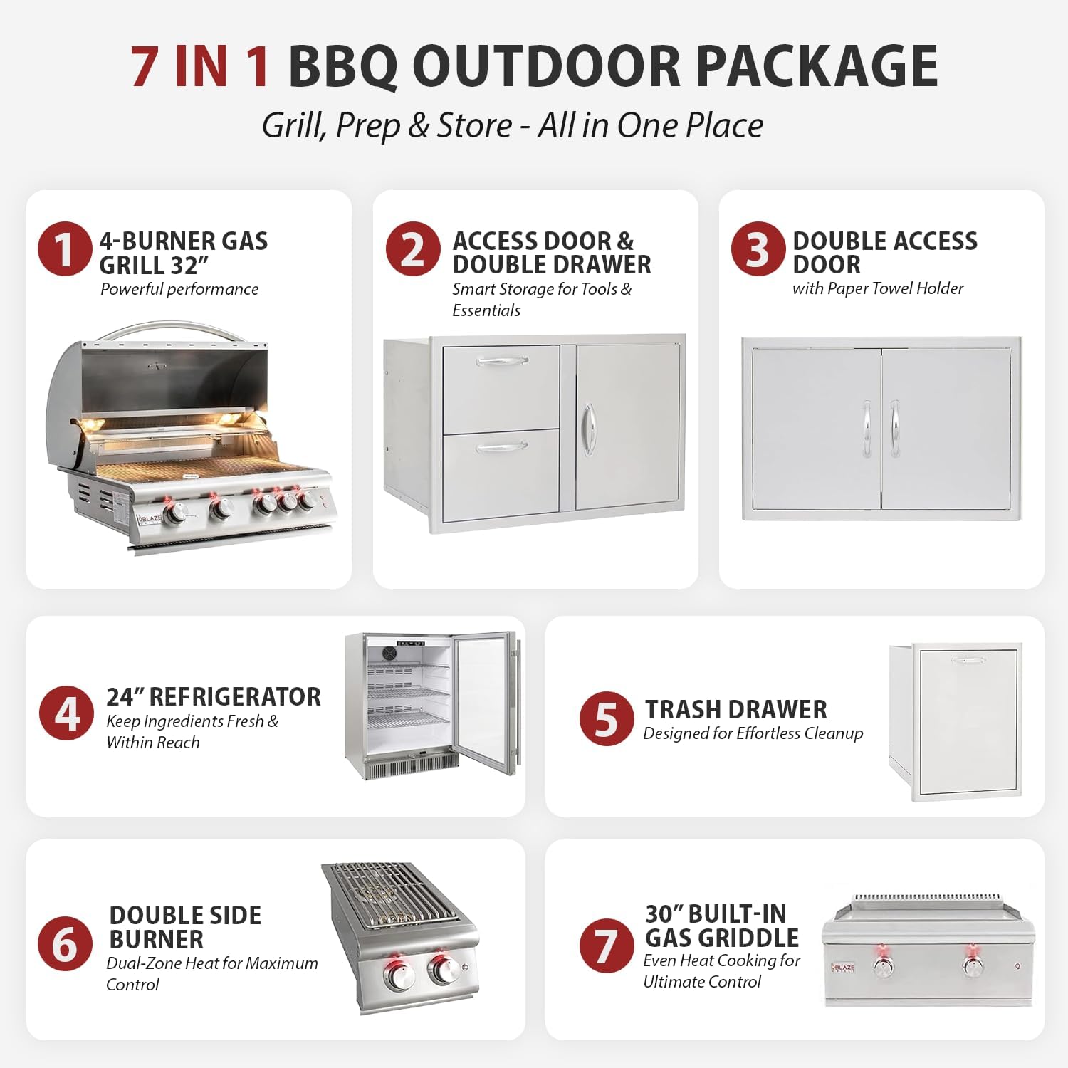 BLAZE BBQ Outdoor Gas Grill Package of 32' LTE Built-in Gas Grill, LTE Gas Griddle, LTE Gas Power Burner, 32' Door & Two Drawers Combo, Trash Drawer, Double Access Door, Refrigerator, and Accessories