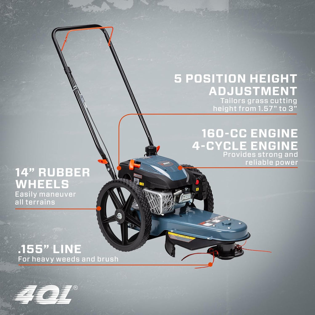 SENIX High Wheel Gas Walk Behind Brush Cutter and String Trimmer, 22-Inch Swatch with .155-Inch Line, 160 cc 4-Cycle Engine, Steel Deck, 14' Rubber Wheels, Adjustable Height (STMG-L)