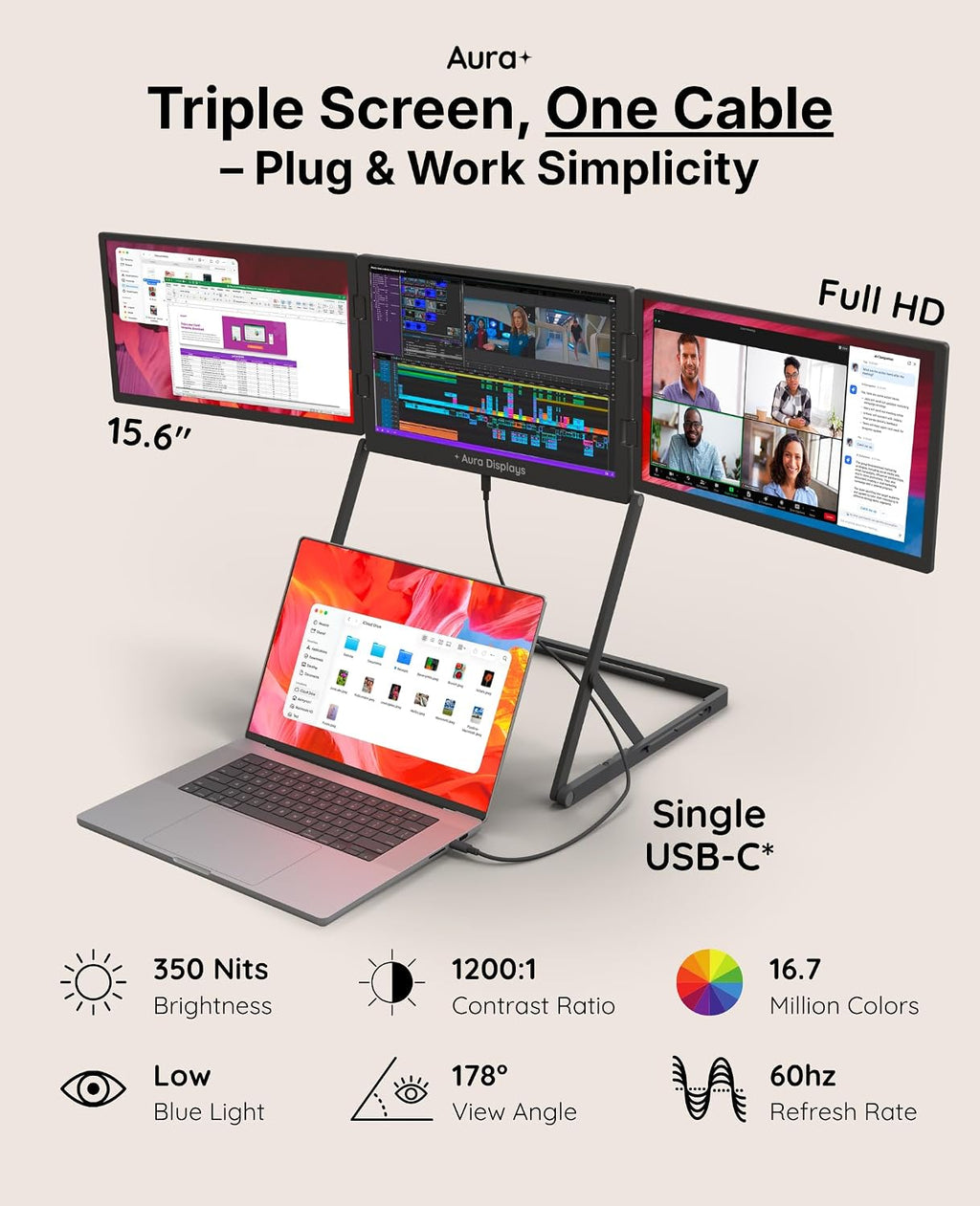 Triple Aero Pro Max 15.6'| Premium Triple Portable Monitor Extender | Full Aluminum | Quad Screens | 3×15.6' FHD 1080P HDR IPS | USB-C & HDMI | Compatible with 11-18' Laptops