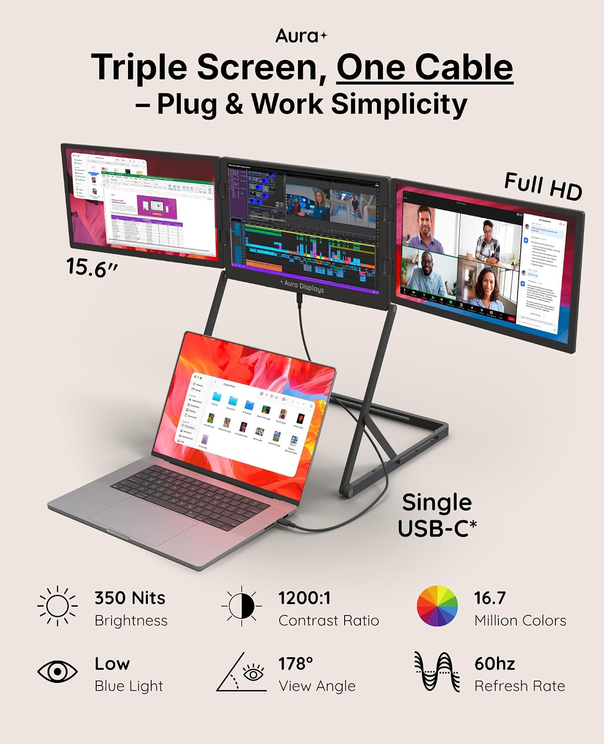 Triple Aero Pro Max 15.6'| Premium Triple Portable Monitor Extender | Full Aluminum | Quad Screens | 3×15.6' FHD 1080P HDR IPS | USB-C & HDMI | Compatible with 11-18' Laptops