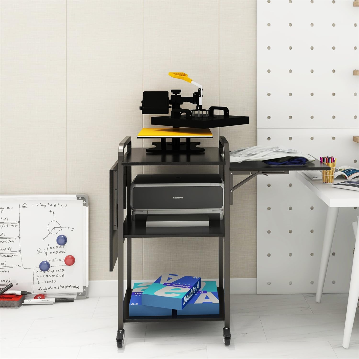 PUNCIA 3 Tier Foldable Movable DIY Heat Transfer Press Machine Stands 20'' Heavy Duty Rolling Workbench with Folding Working Table for Sublimation Transfer Machine Metal Shelf Storage Organization