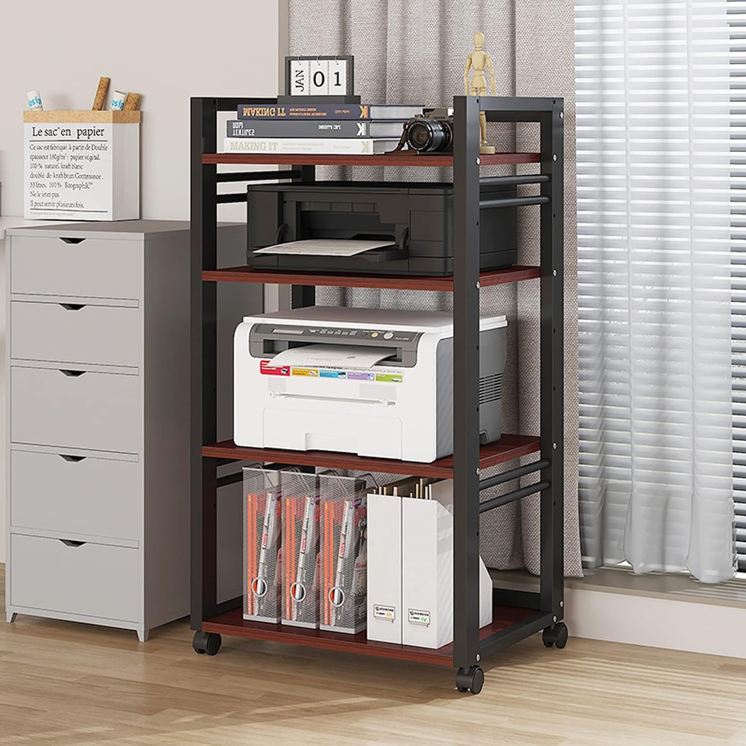 Print Stand 4-Tier Printer Stand with Wheels Adjustable Height Rolling Printer Cart with Storage Shelf Printer Table for Mini 3D Printer Printer Table