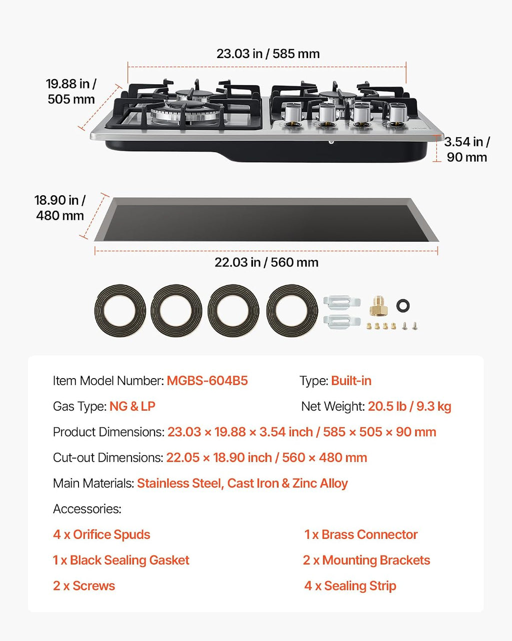 VEVOR 24 inch Gas Cooktop 4 Burners Gas Stove Top, Max 27000BTU Built-in Stainless Steel Stove Top LPG/NG Convertible Dual Fuel Cooktop Stoves with Thermocouple Protection for Kitchen Apartment Rvs