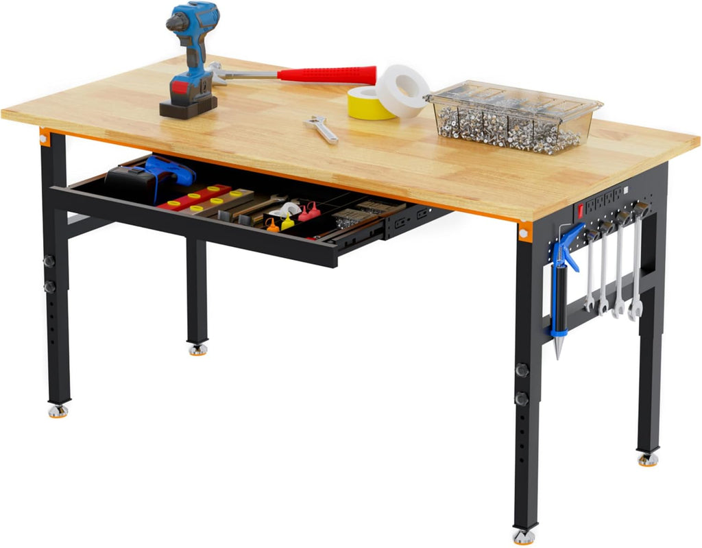 Betterhood 60' Adjustable Height Workbench, 2000 LBS Heavy Duty Work Table with Power Outlets & Pegboard, Rubber Wood Workstation for Garage, Workshop, Office, Home, Commercial