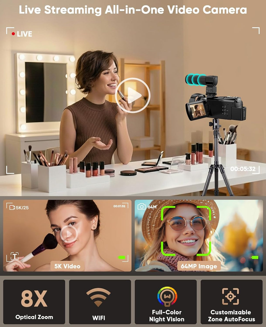 5K Video Camera Camcorder 8X Opitical Zoom Live Streaming Cameras 64MP WiFi Autofocus Vlogging Camera for Youtube with Full-color Night Vision, 3.6'' 270° IPS Touchscreen 32GB Card Video Recorder