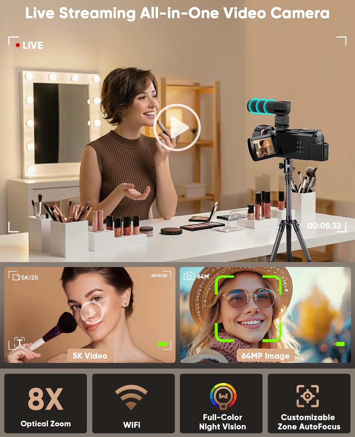 5K Video Camera Camcorder 8X Opitical Zoom Live Streaming Cameras 64MP WiFi Autofocus Vlogging Camera for Youtube with Full-color Night Vision, 3.6'' 270° IPS Touchscreen 32GB Card Video Recorder
