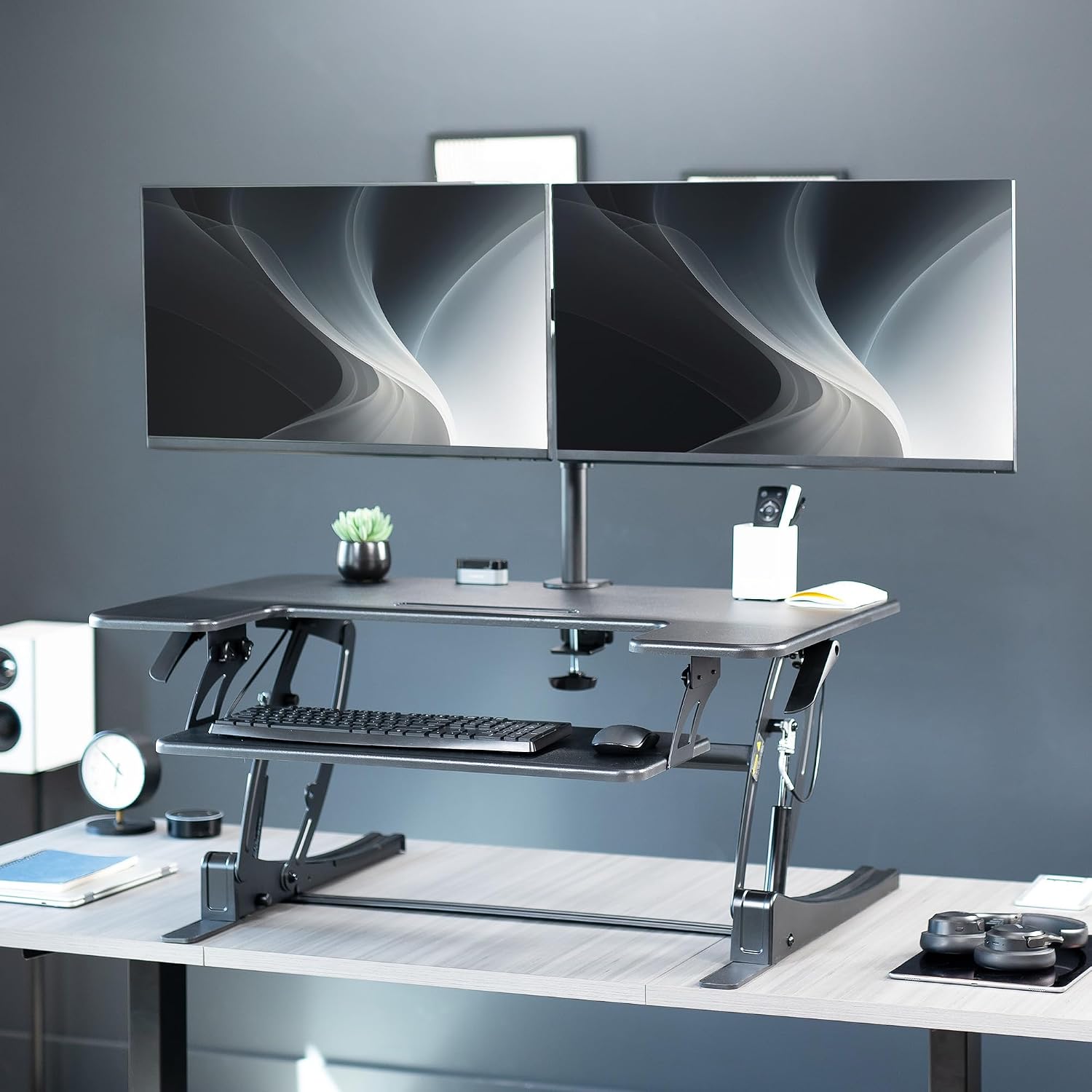 VIVO 36 inch Standing Desk Converter with Dual Monitor Mount Arms for up to 30 inch Screens, Height Adjustable Desk Riser, Black, DESK-KIT-0V02