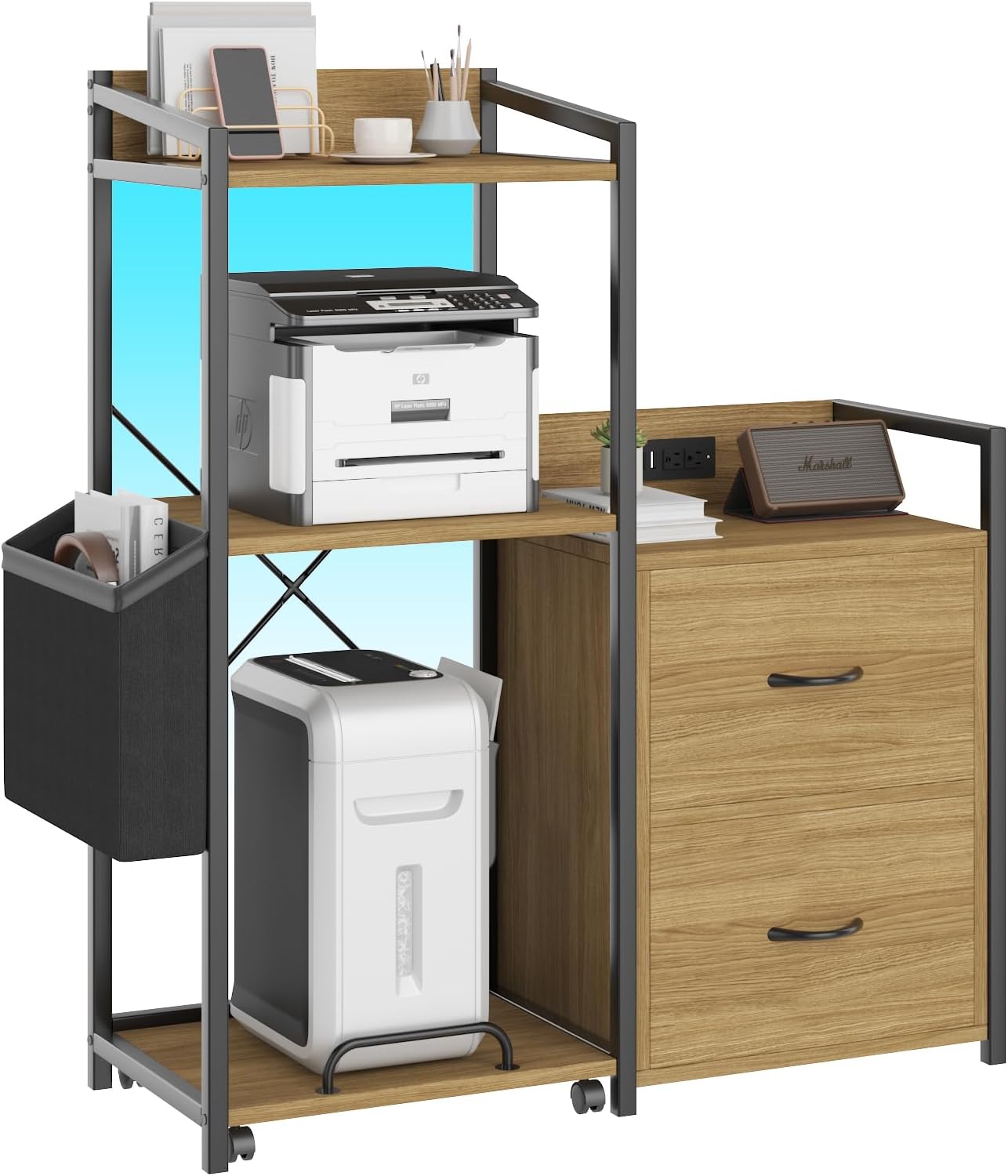 Tall Printer Stand with Storage Shelf and Bag,Filing cabinet,Lateral Office Filing Cabinets with Power Outlets & USB Charging Port, Shredder Stand w/Wheels,Suitable for 3D Shredder Scanner Fax