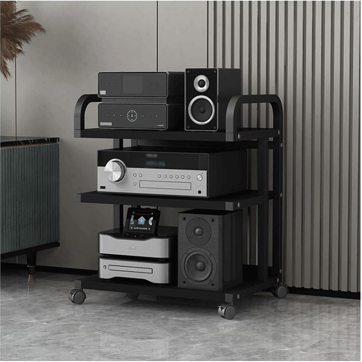Audio Rack Movable Stereo Rack Audio Equipment Rack Audio with Wheels Stereo Shelf Wooden Open Audio-Video Shelving Waterproof(Nero,3 Tier)