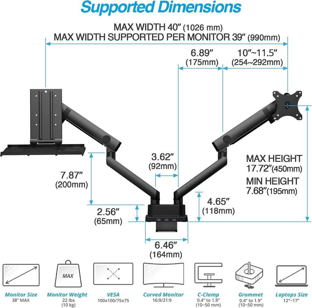 AVLT Dual 17'-38' Monitor Arm Desk Mount with 17' Laptop Tray and USB-C Docking Station, HDMI 4K60Hz, USB-A 5Gbps, Ethernet, 100W PD, Fits Two Flat/Curved - Black