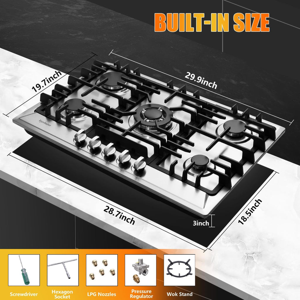 Gas Cooktop 30 Inch, Stainless Steel 5 Burners Gas Stovetop Built-in LPG/NG Convertible Gas Cooktop Dual Fuel Sealed Gas Stove