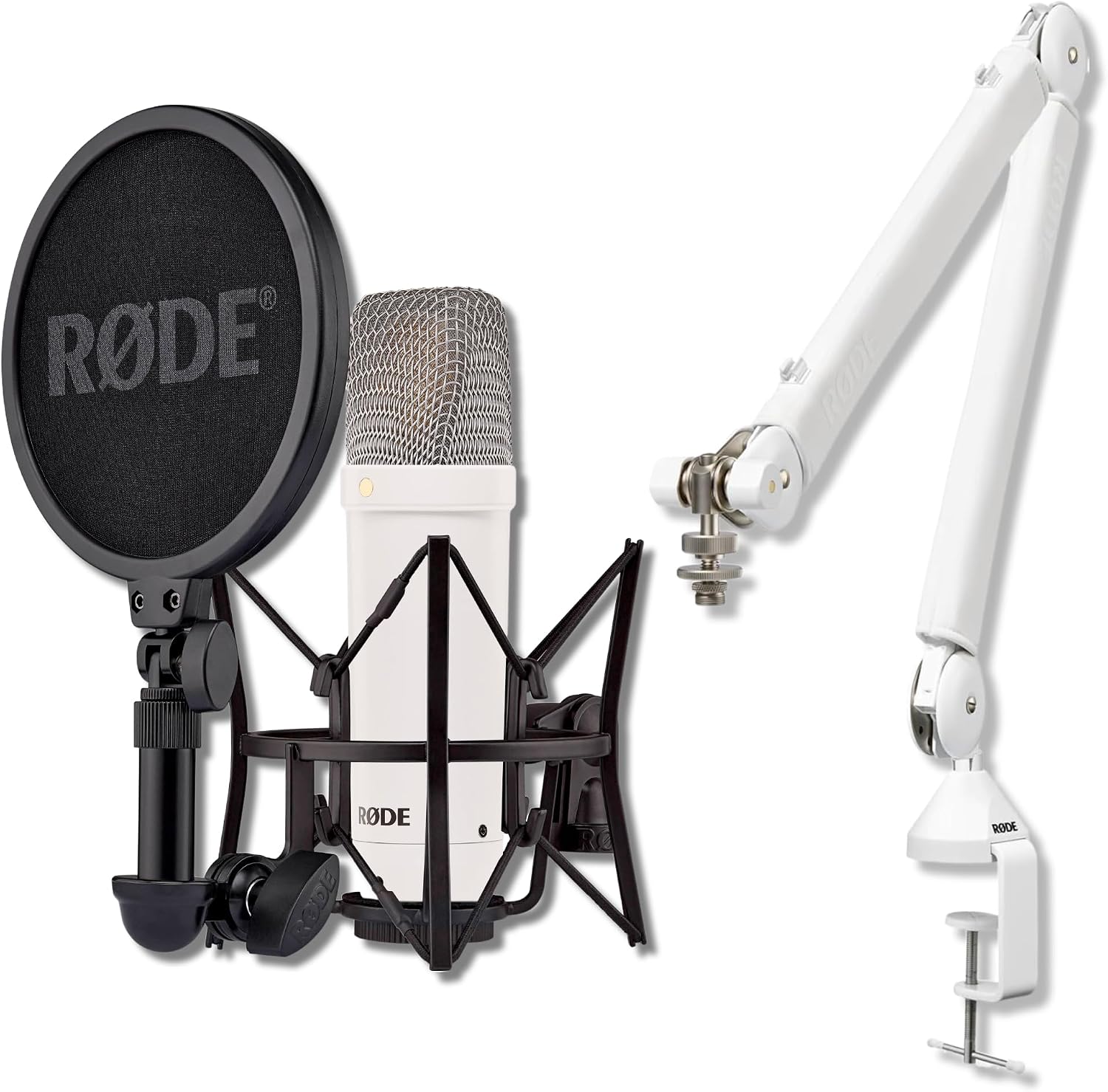Rode NT1 Signature Series - (White) Condenser Microphone with SM6 Shockmount, Rode PSA1+ (White) Professional Microphone Boom Arm and Pop Filter