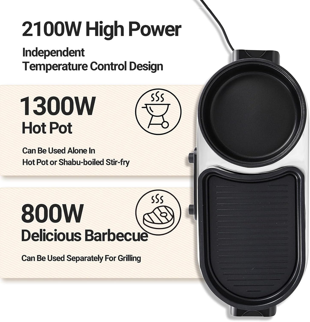 Electric Hot Pot Grill Removable 2 in 1 Shabu-shabu Pot Korean BBQ Grill Large Baking Tray Divider Hotpot, Smokeless Non-Stick Cooker Pan, Temperature Control, 2-10 People