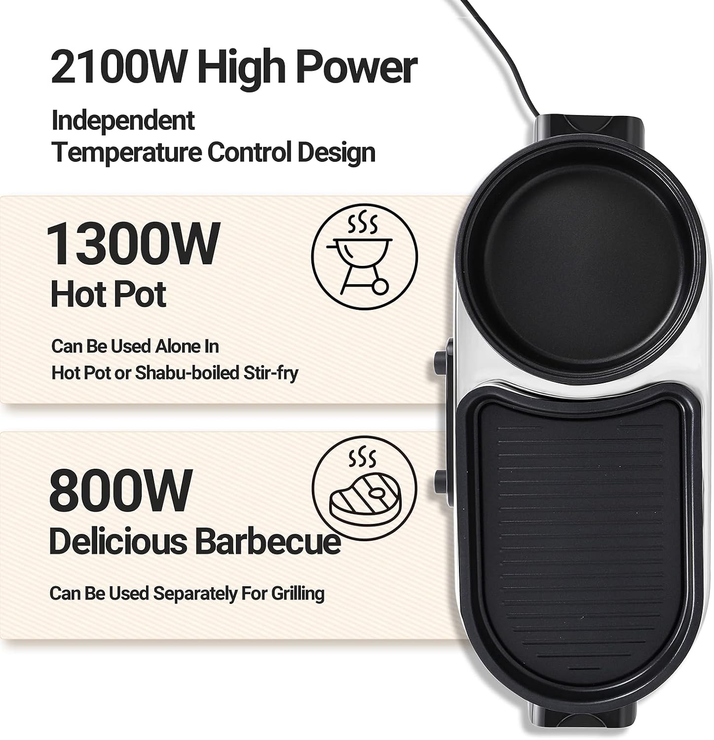 Electric Hot Pot Grill Removable 2 in 1 Shabu-shabu Pot Korean BBQ Grill Large Baking Tray Divider Hotpot, Smokeless Non-Stick Cooker Pan, Temperature Control, 2-10 People
