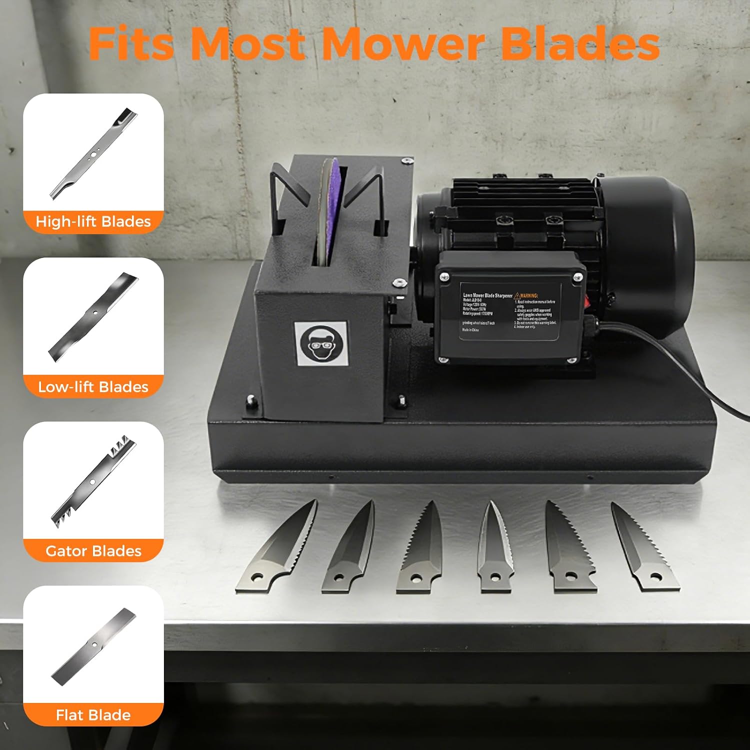 Lawn Mower Blade Sharpener, 3HP 500W Bench Grinder with 2 Sandpapers 2 Brackets, 1700 RPM Powerful Bench Mower Sharpening Machine for High/Low Lift Blades, Gator Blades