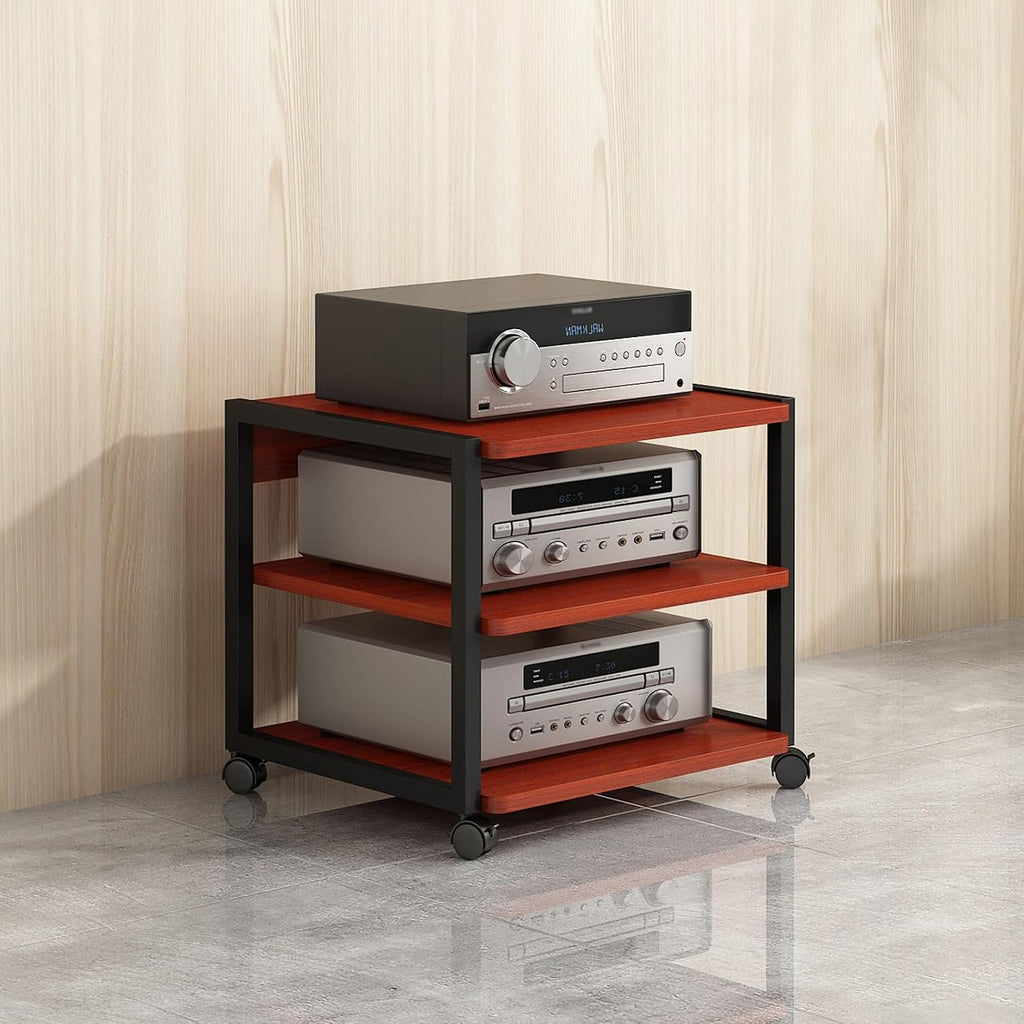 Modern 3-Tier Stereo Stand Cabinet, AV Media Game Console Storage, Corner Entertainment Center with Wooden Shelves for Audio Video Components (B, 50x40x48.5cm)