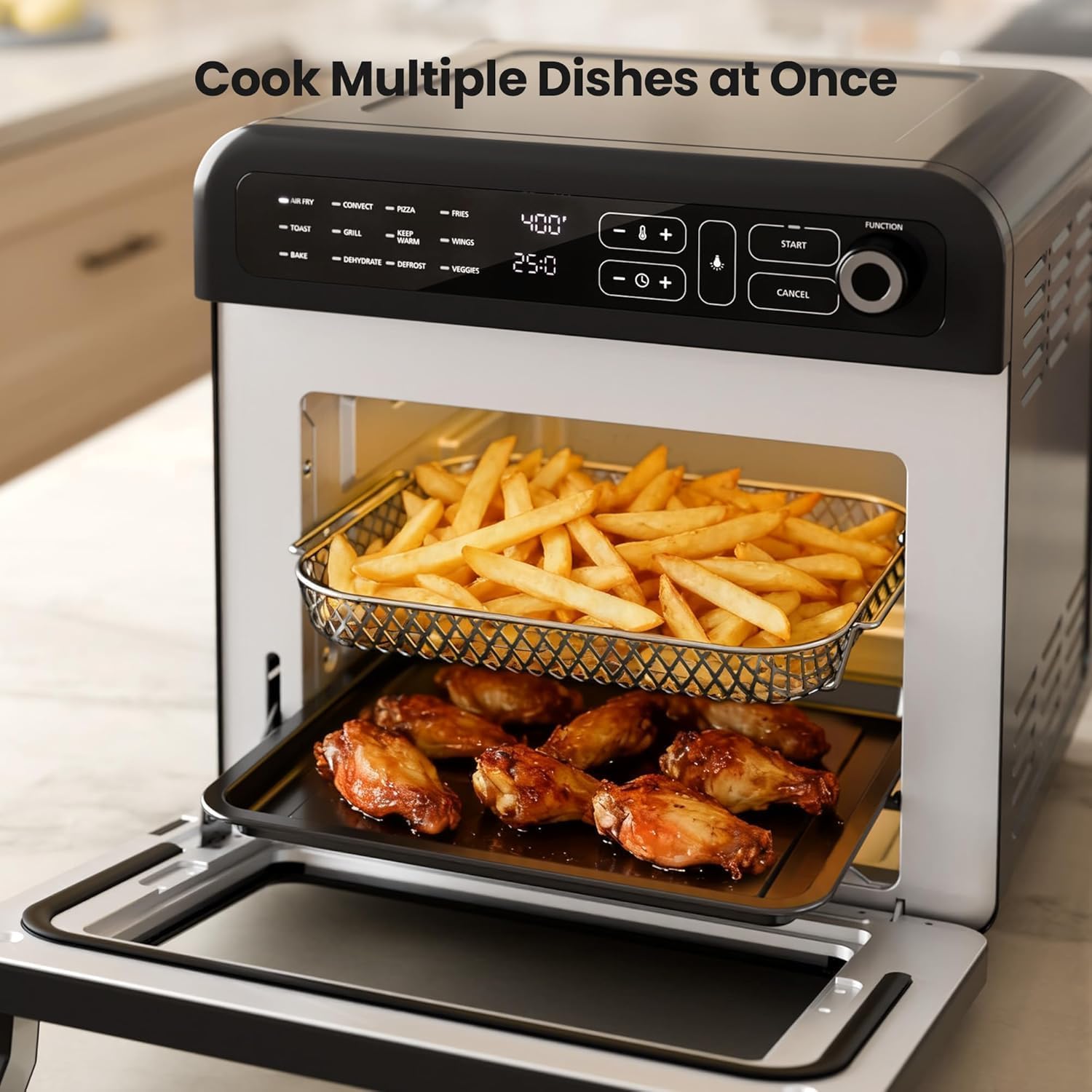 Kismile 18QT Air Fryer Toaster Oven Combo, 12-in-1 Countertop Convection Airfryer Oven, 70–450℉, Bake, Roast, Reheat & Broil, Fits 8–10″ Pizza, Includes Full Accessories, Stainless Steel (Black)