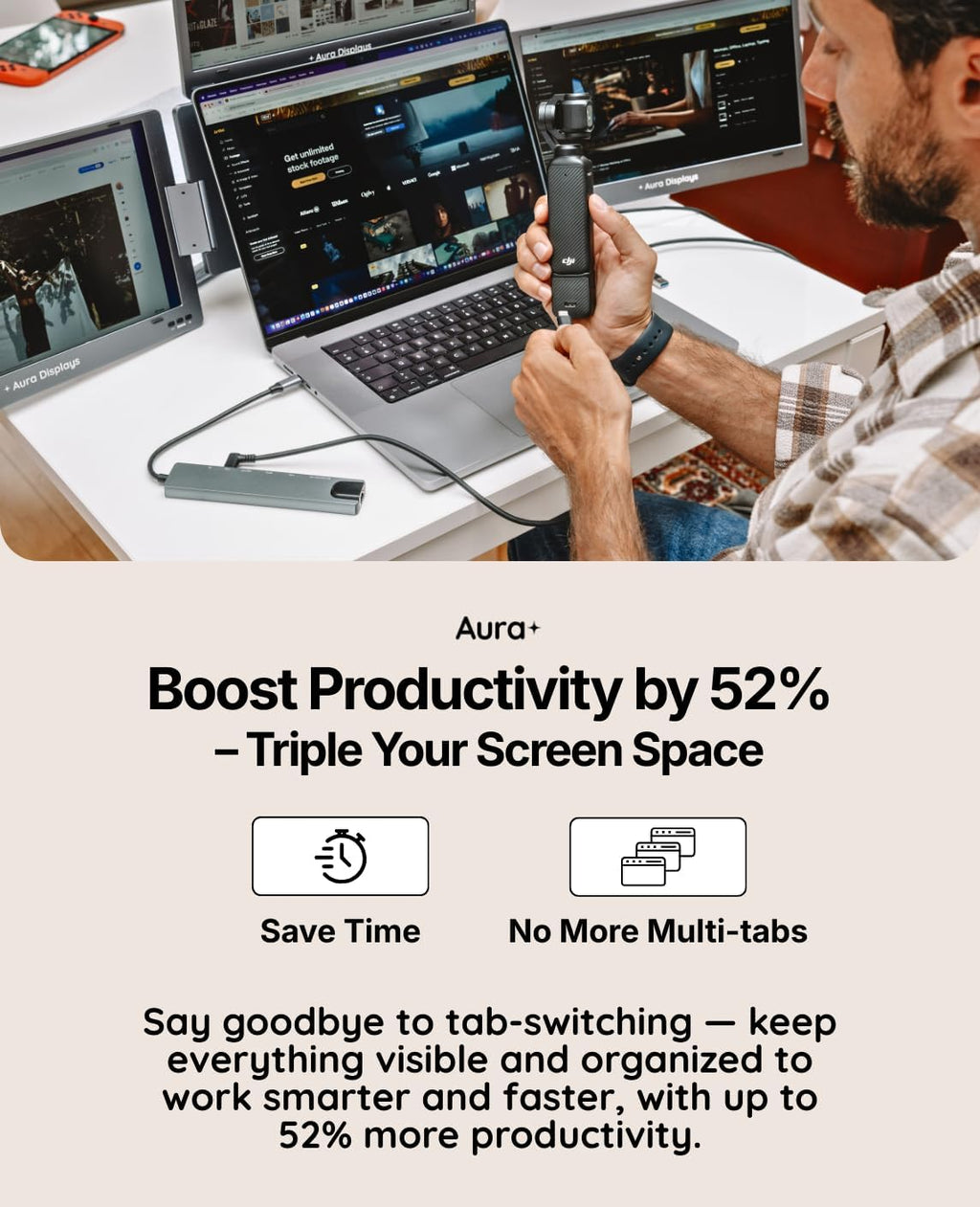 Triple Boost Pro 14' | Premium Triple Portable Monitor Extender | Full Aluminum | Quad Screens | 3×14' FHD 1080P HDR IPS | USB-C & HDMI | Compatible with 11'-18' Laptops