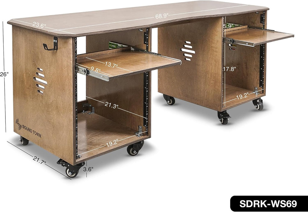 Sound Town DIY Music Studio Rack Desk Workstation with 2 X 13U Side Cabinets, Two Slide-Out Trays, Casters, Plywood, Weathered Brown for Recording Room, Home Studio (SDRK-WS69)