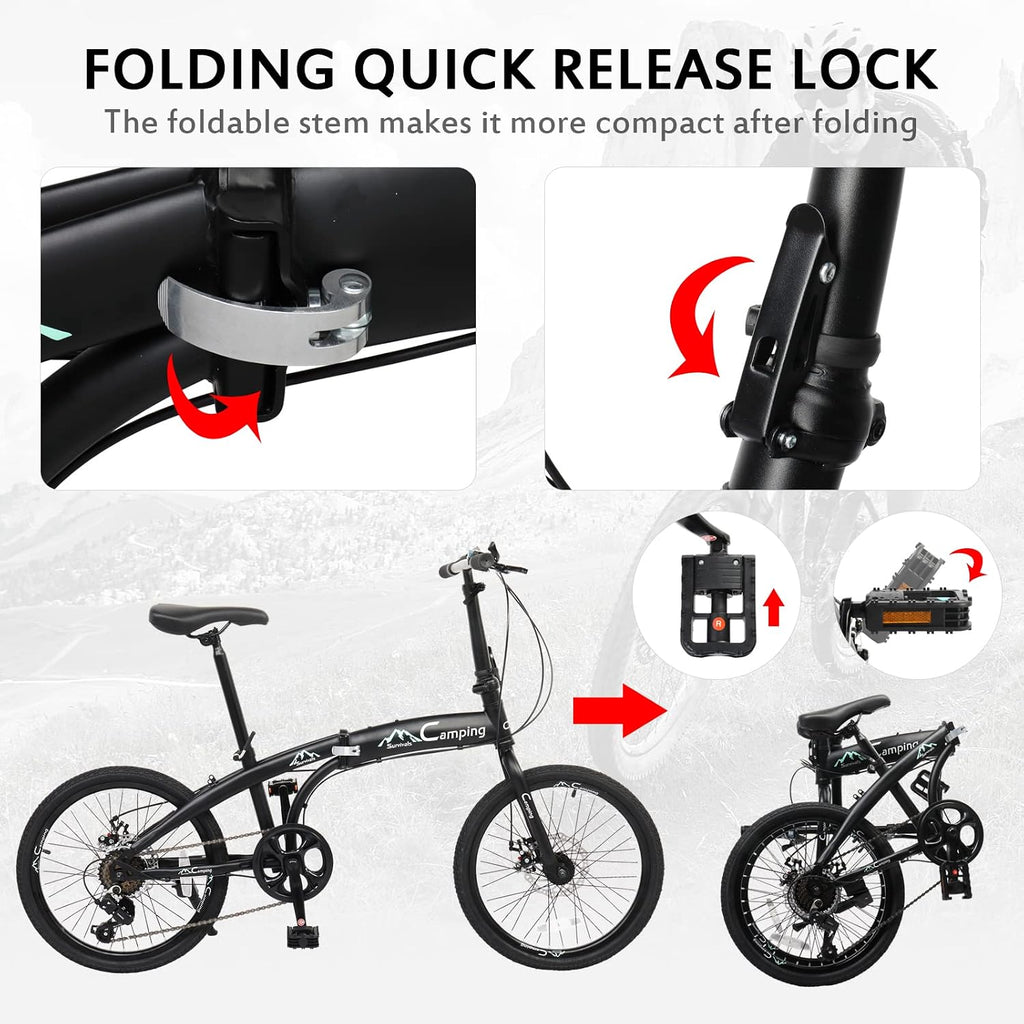 Ktaxon 20 in Folding Bike Adult Bike, 7-Speed Folding Bicycle with 100% Assembled, Double Shock Effect, Powerful Mechanical Dual Disc Brakes and Adjustable Design (Black & Green)