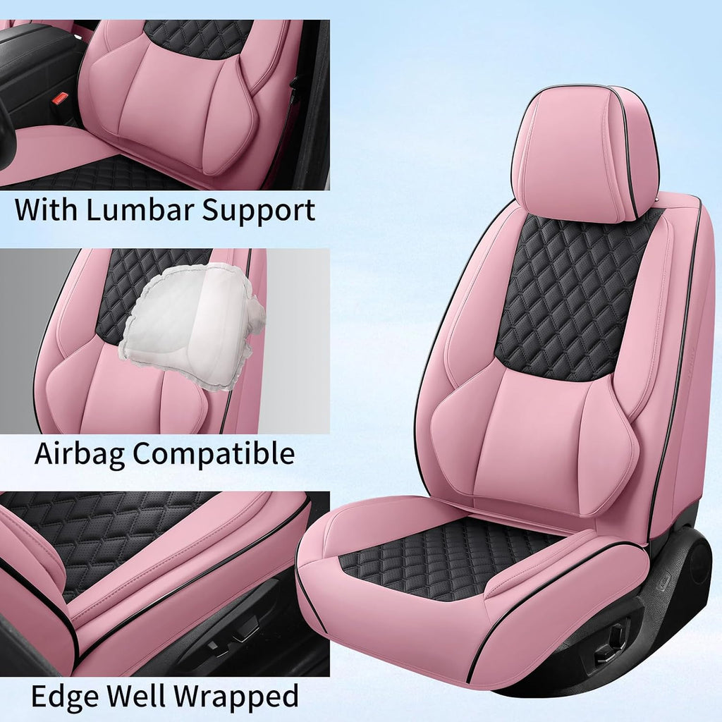 Car Seat Covers, Luxury Faux Leather Waterproof Non-Slip Seat Protector Universal Fit for Most Cars SUVs Trucks Pick-ups,Car Interior Accessories (Pink Black, Full Set)
