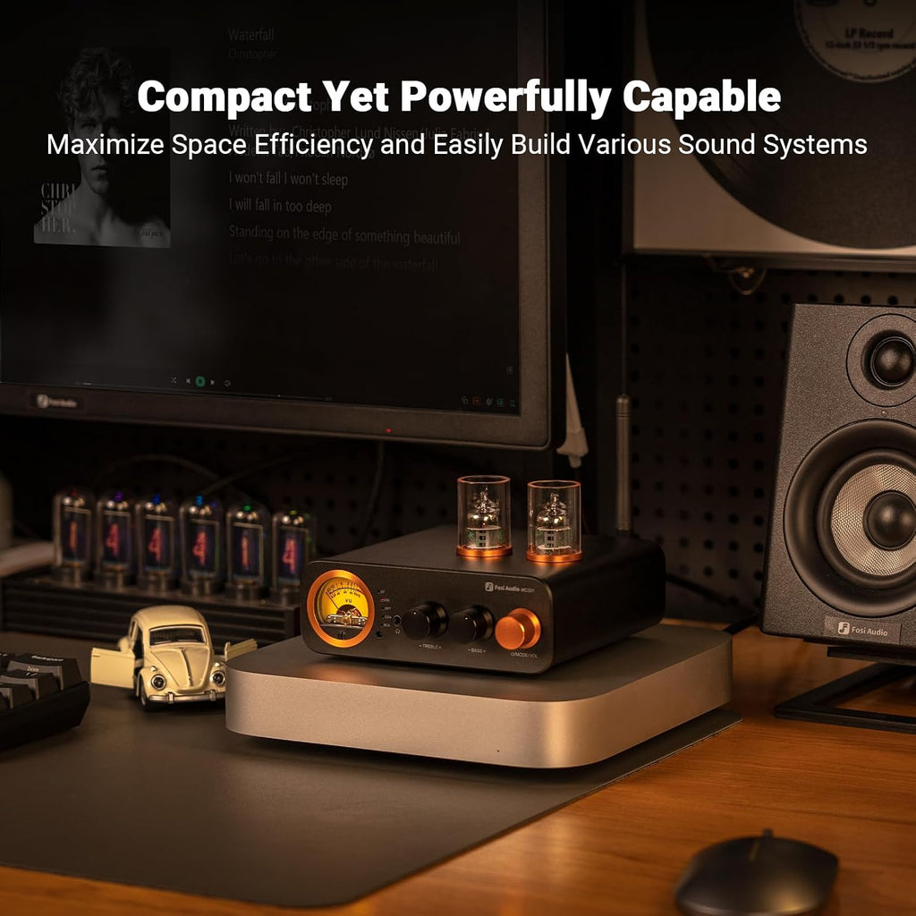 Fosi Audio MC331 Tube Integrated Amplifier with DAC, 2 Channel Home Audio Stereo Power Amp for HiFi Bookshelf Speakers/3.5mm Headphones, Vintage VU Meter Preamp with Bluetooth and USB/Opt/Coax/RCA