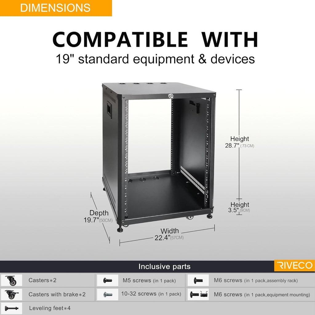 RIVECO 15U Network & Audio Rack with Feet & Wheels, Obtuse Angel Server Rack Cabinet, Rolling Studio Rack Case with Adjustable Rails for 19' Stereo recording & IT Equipment Mounting & 10' Rack Shelves
