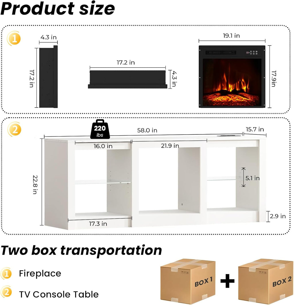EAG Fireplace TV Stand for 65' TV, TV Stand with 18' Electric Fireplace, Entertainment Center with Glass Shelves, LED Lights and Power Outlets, Media TV Console for Living Room, White