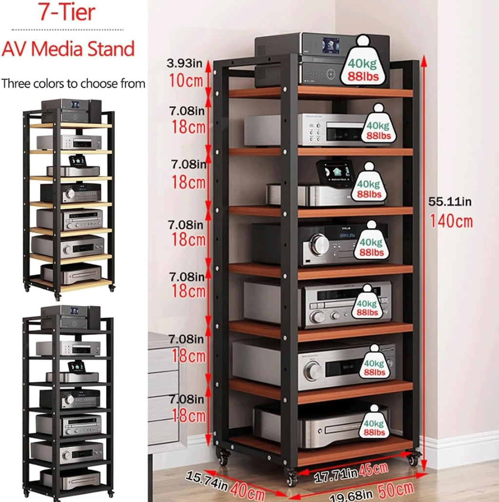 Audio Rack Movable Stereo Rack Adjustable Audio Equipment Rack Audio Open AV Stand Wooden with Wheels HiFi Rack Audio-Video Shelving(Nero,7 Tier)