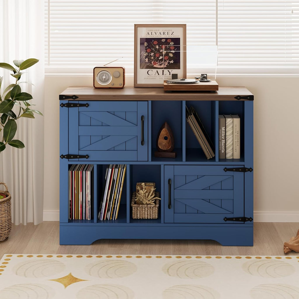 GarveeHome 39in Large Vinyl Record Storage, Farmhouse Wood Turntable Record Player Stand with Storage Cabinet and 2 Barn Doors for Living Room Bedroom, Navy Blue