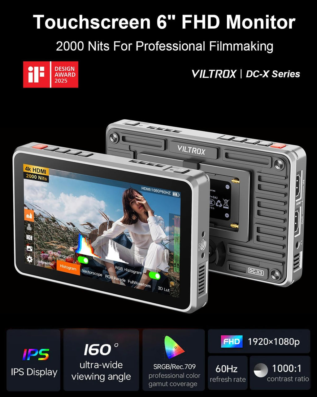 Viltrox DC-X3 4K SDI Monitor, DC-X FHD 2000Nits 6' Touchscreen Camera Field Monitor with Sunshade Hood, Battery, Storage Bag (DC-X3, 4K30Hz HDMI/SDI, 350g)
