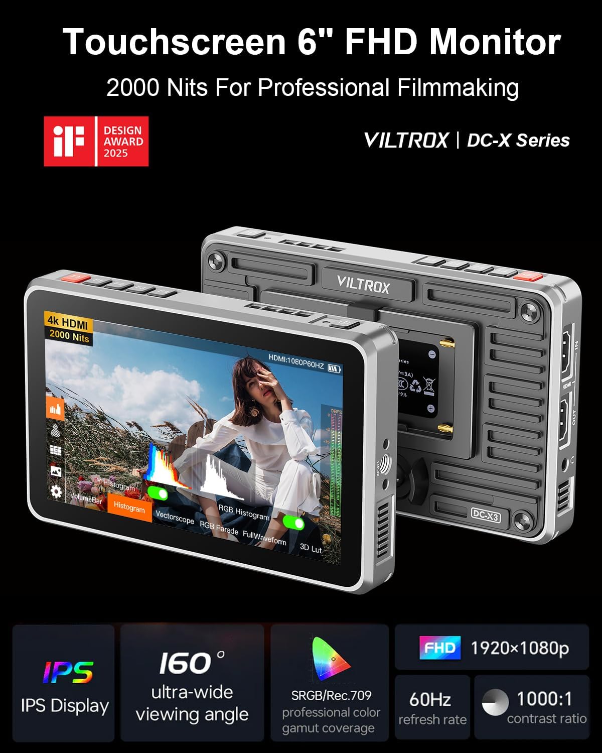 Viltrox DC-X3 4K SDI Monitor, DC-X FHD 2000Nits 6' Touchscreen Camera Field Monitor with Sunshade Hood, Battery, Storage Bag (DC-X3, 4K30Hz HDMI/SDI, 350g)