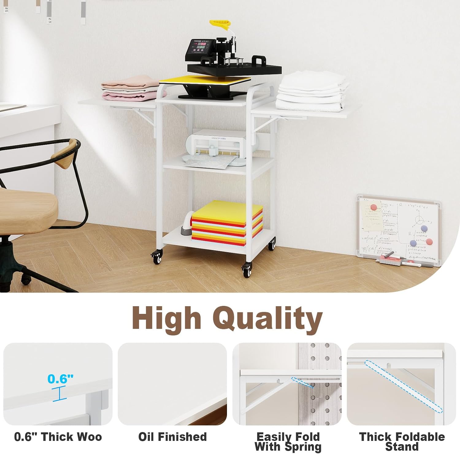 PUNCIA 3 Tier Movable Heat Press Table Foldable Heat Transfer Machine Stand Heavy Duty Rolling Workbench with Folding Table for DIY Sublimation Transfer Machine Metal Shelf Storage Organization