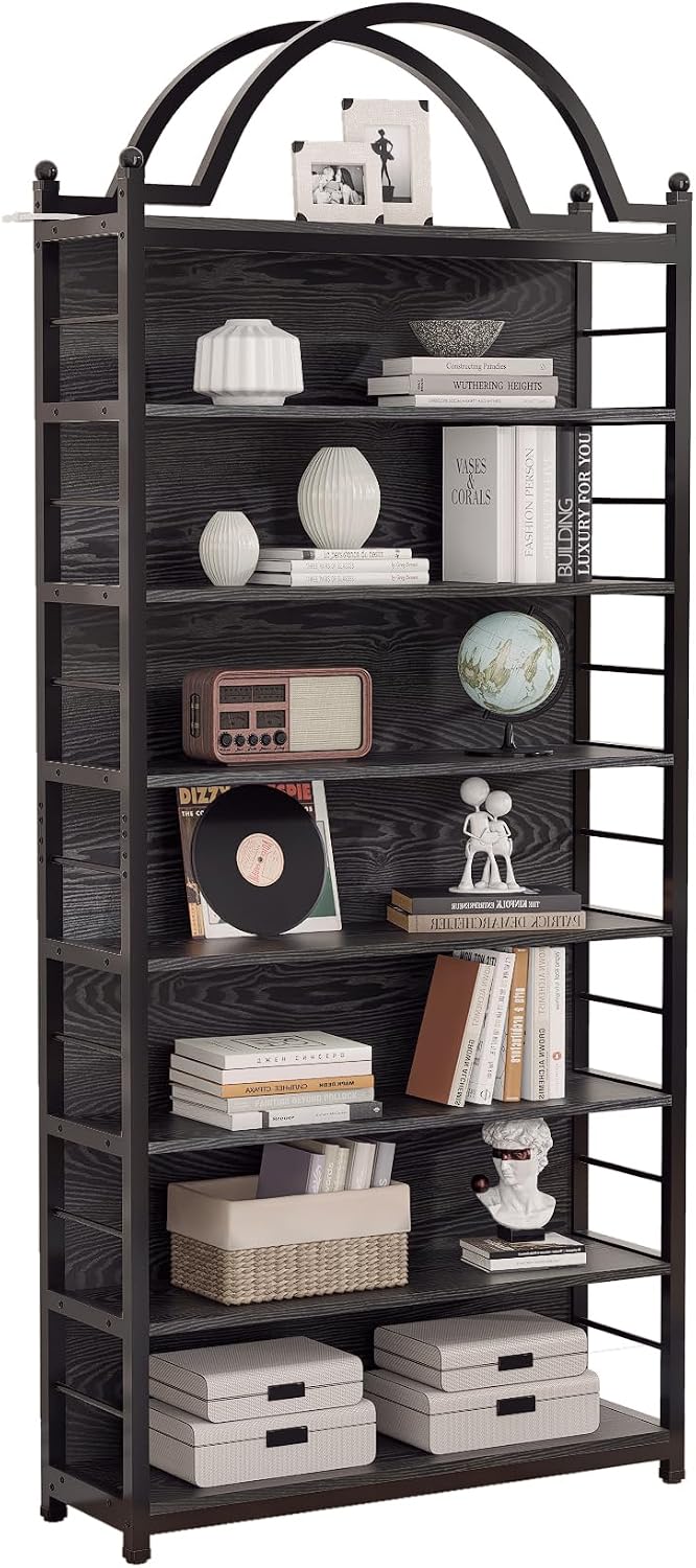 78.7' 8-Tier Industrial CD Rack,DVD Media Storage Shelf,Metal Frame&MDF Bookshelves with Arched Top for Living Room, Bedroom or Home Office,Black