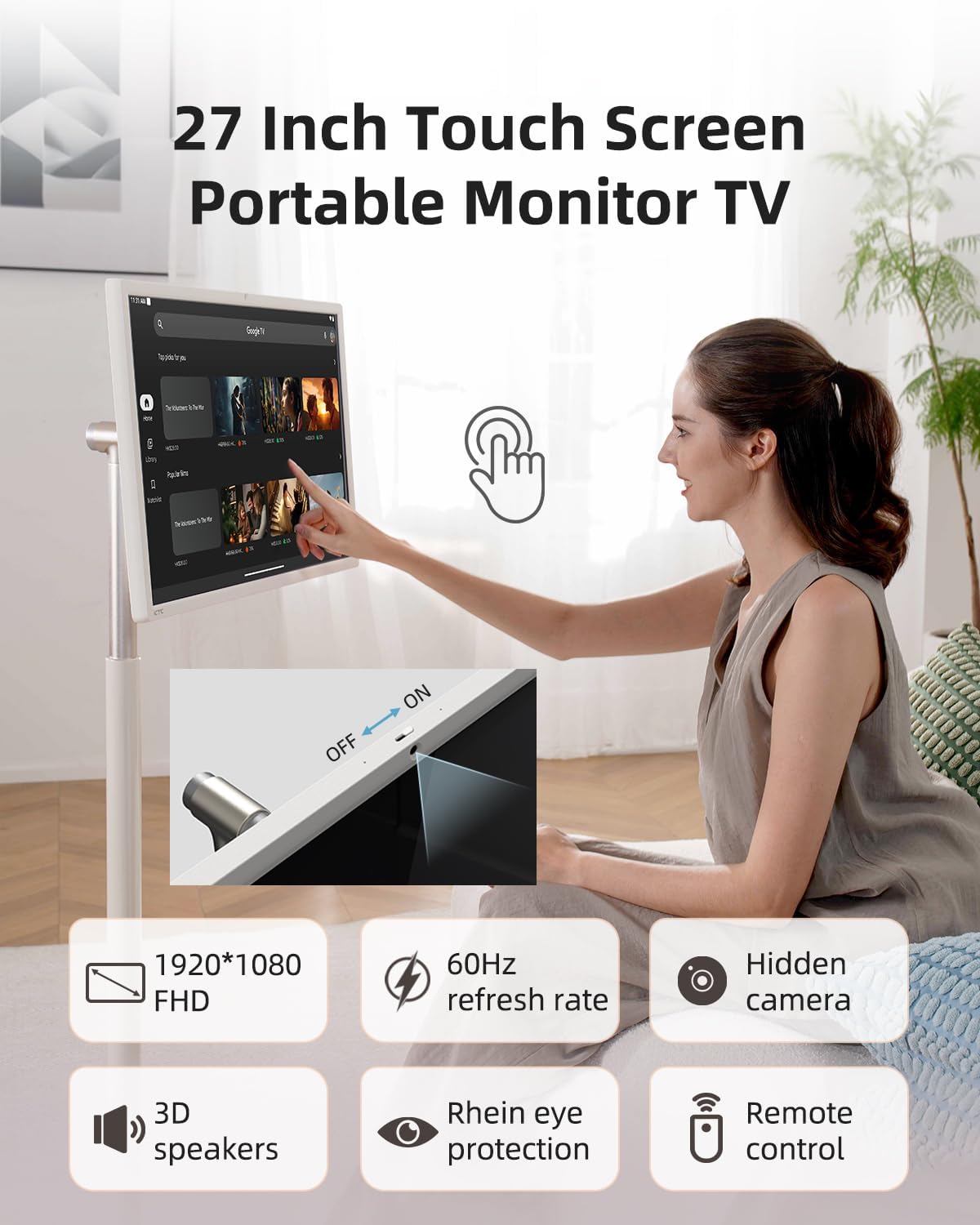 KTC MegPad 27 Inch Portable Screen TV - 1080P Touch Screen Monitor on Wheels with 8MP Camera, EDLA-Certified, Android 14, 8G+128G Storage, 9500mAh Battery,Full Swivel Rotation, Voice Remote Control