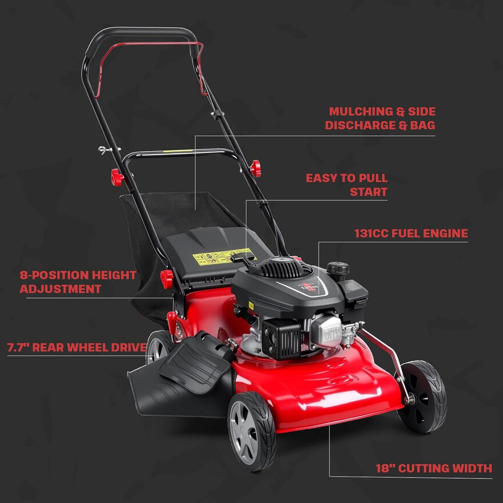 18-Inch 3-in-1 Self Propelled Gas Lawn Mower - 131cc Engine with 50L Grass Bag & Big Wheels for Yard Lawn Care and Landscaping Red