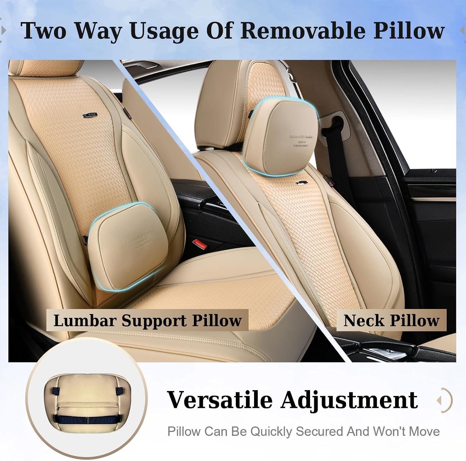 Coverado Car Seat Covers Full Set, Beige Seat Covers for Cars, Waterproof Nappa Leather Automotive Seat Covers with Lumbar Head Pillow, Car Seat Protectors, Universal Fit for Most Cars SUV