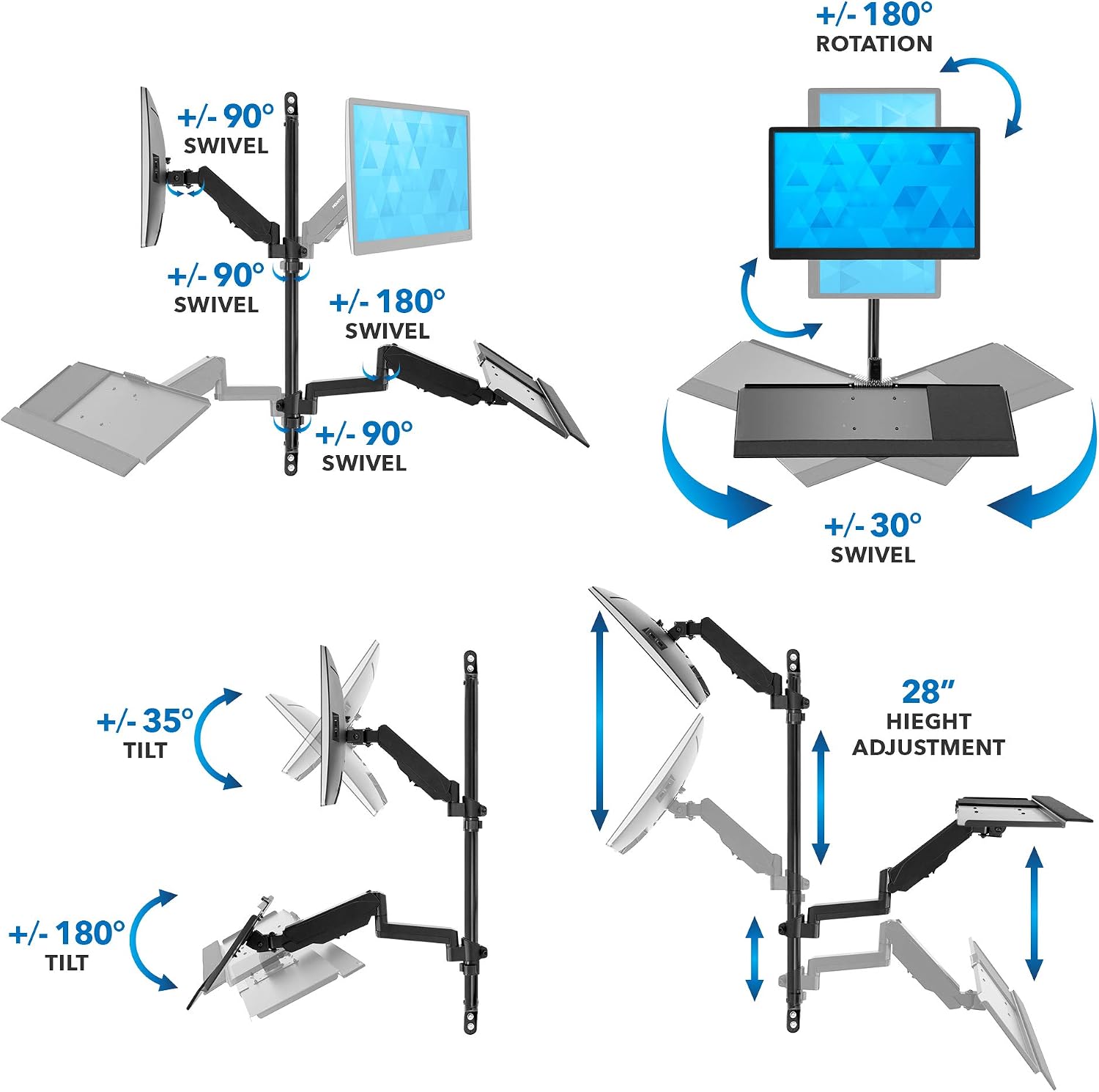 Mount-It! Single Monitor Arm Wall Mount Workstation with Keyboard Tray & CPU Holder, Height Adjustable Gas Spring Full Motion Computer Station, Fits 17–32' VESA 75x75 100x100, Black