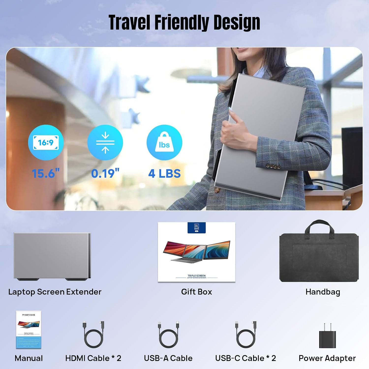 KEFEYA Laptop Screen Extender 15.6', 1080P FHD IPS Ultra-Slim Triple Portable Monitor for Laptop 12-17.3', Eyes Care HDR Travel Monitor, USB-C/HDMI Plug-Play Monitor Extender for macOS/Win and Phone