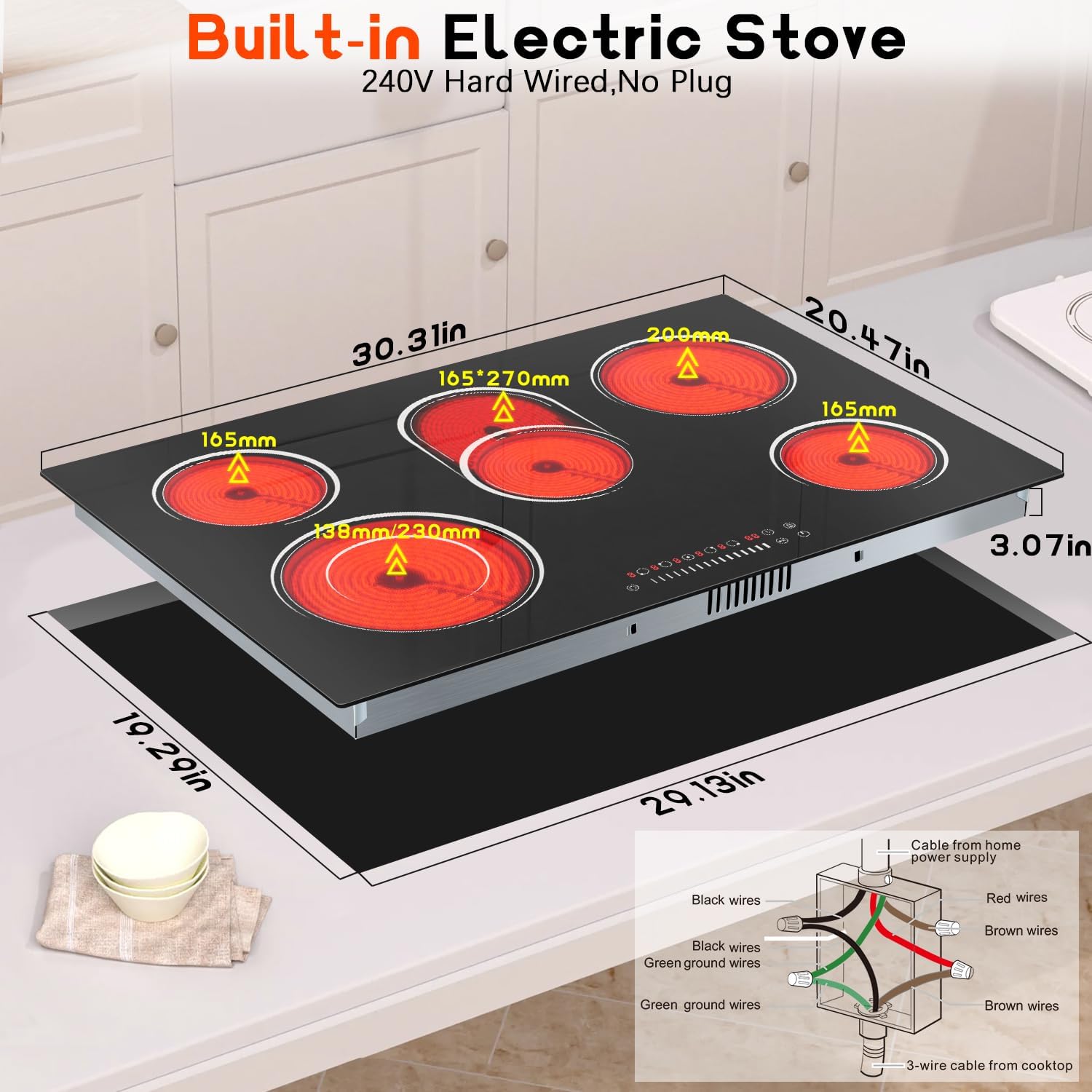 30 Inch Electric Cooktop 8400W 5 Burner Electric Stove Top with Slider Control Built-in Ceramic Cooktop 30'', Dual Oval Zone, Timer & Safety Lock, Hot Surface Indicator, 220V, Hard Wire No Plug