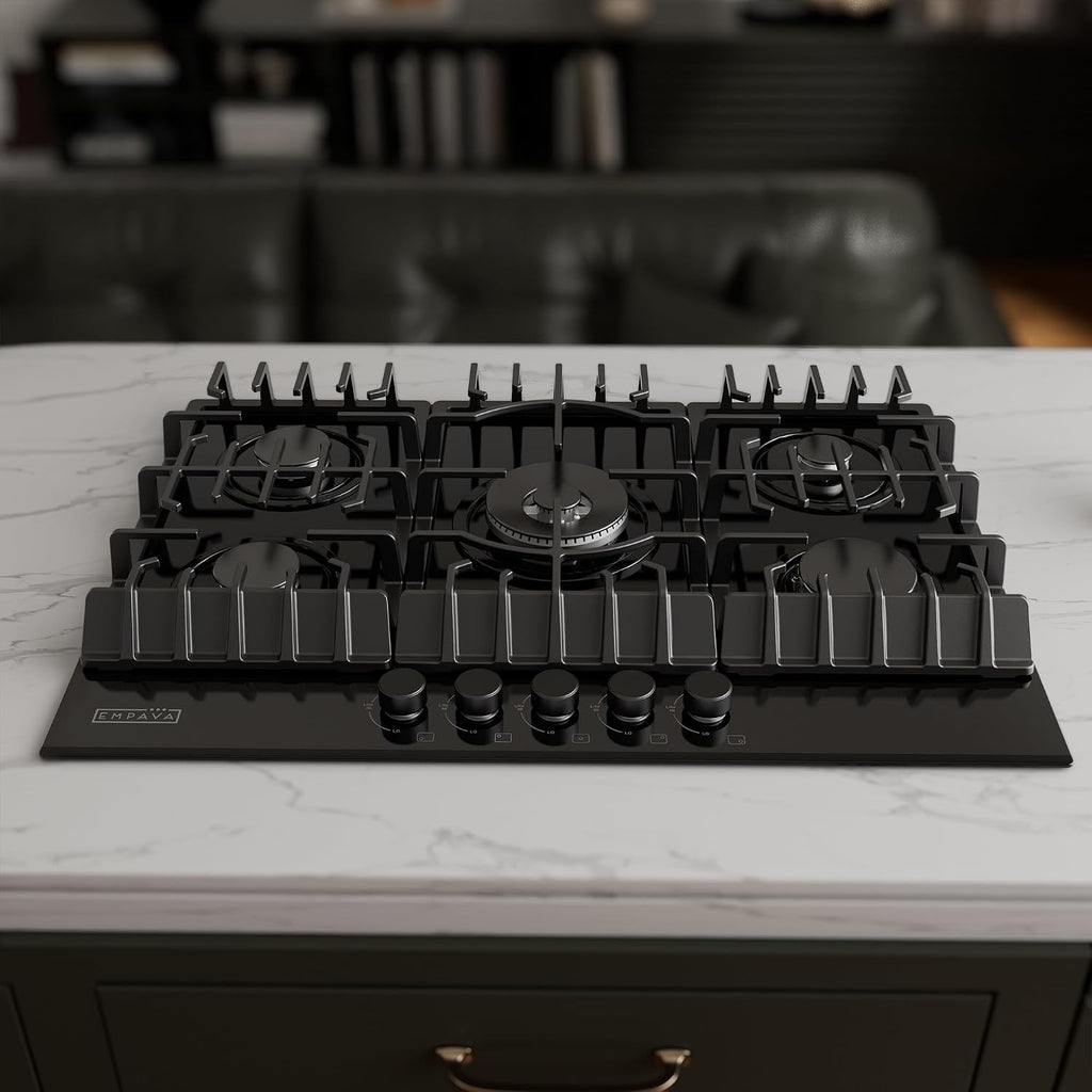 Empava 30 Inch Built-in Gas Cooktop with 5 Sealed SABAF Burners, Black Tempered Glass Surface, LPG/NG Convertible, Flame Failure Protection, Dishwasher Safe Grates