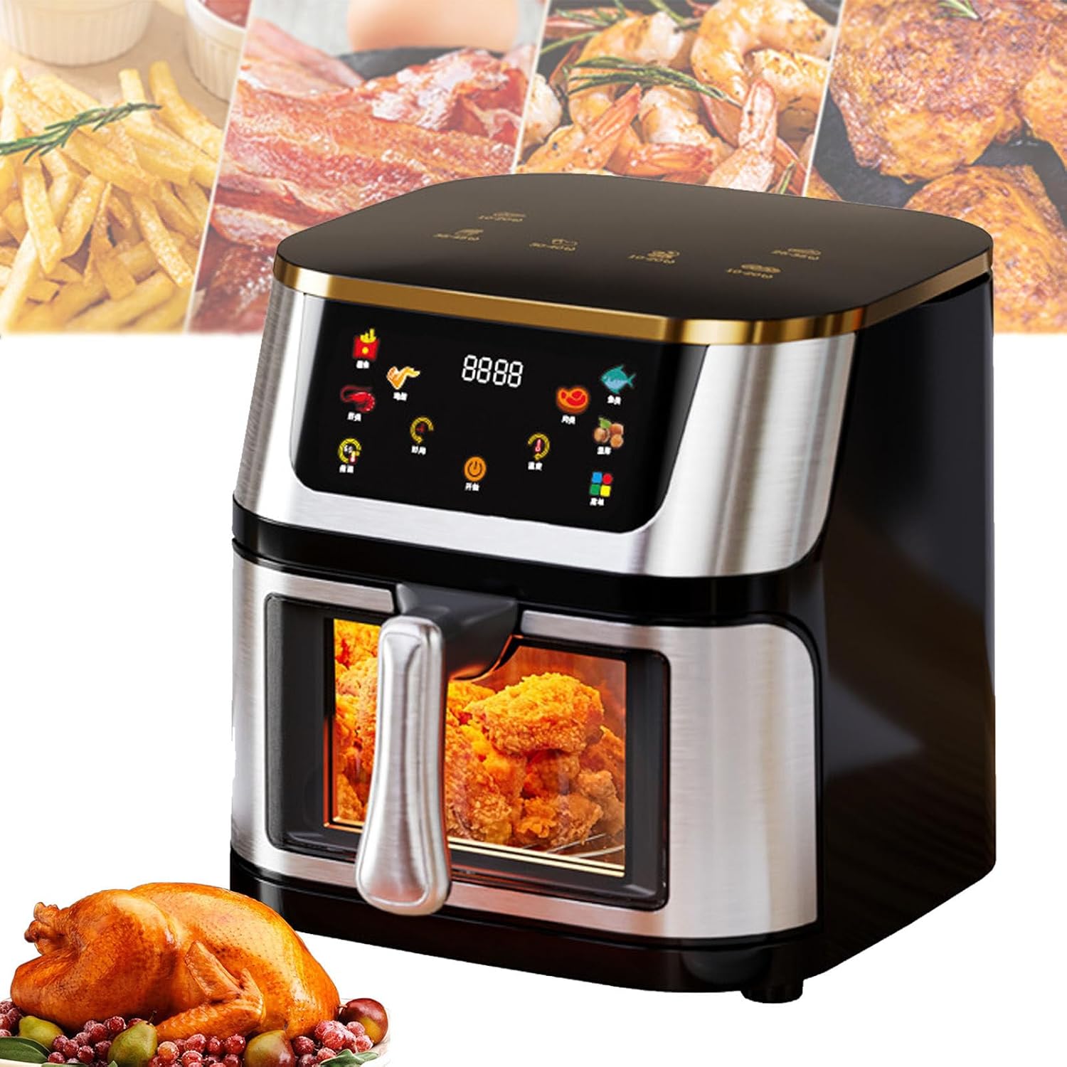 10lL Stainless Steel Visual Air Fryer, 1400w Smart Oven With Digital Touch Screen Oil-Free Fryer, 8 Cooking Presets Timing And Temperature Adjustable Easy To Clean For Family And Party