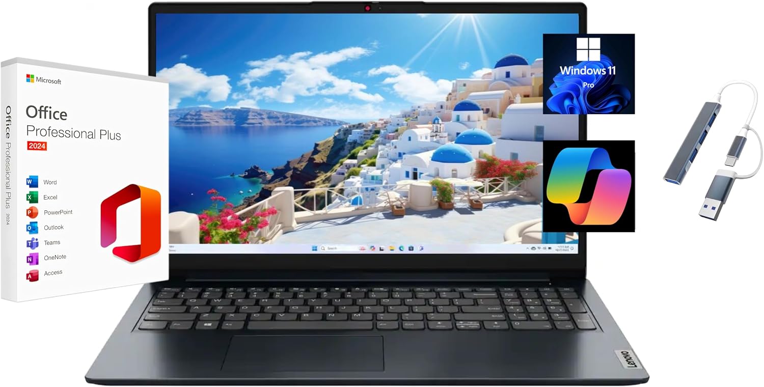 Lenovo Ideapad 1 15.6' FHD Laptop, with Free Lifetime Microsoft Office 2024, AMD Ryzen 5 7520U, 8GB RAM, 256GB SSD, Windows 11 Pro, Abyss Blue, with USB Hub