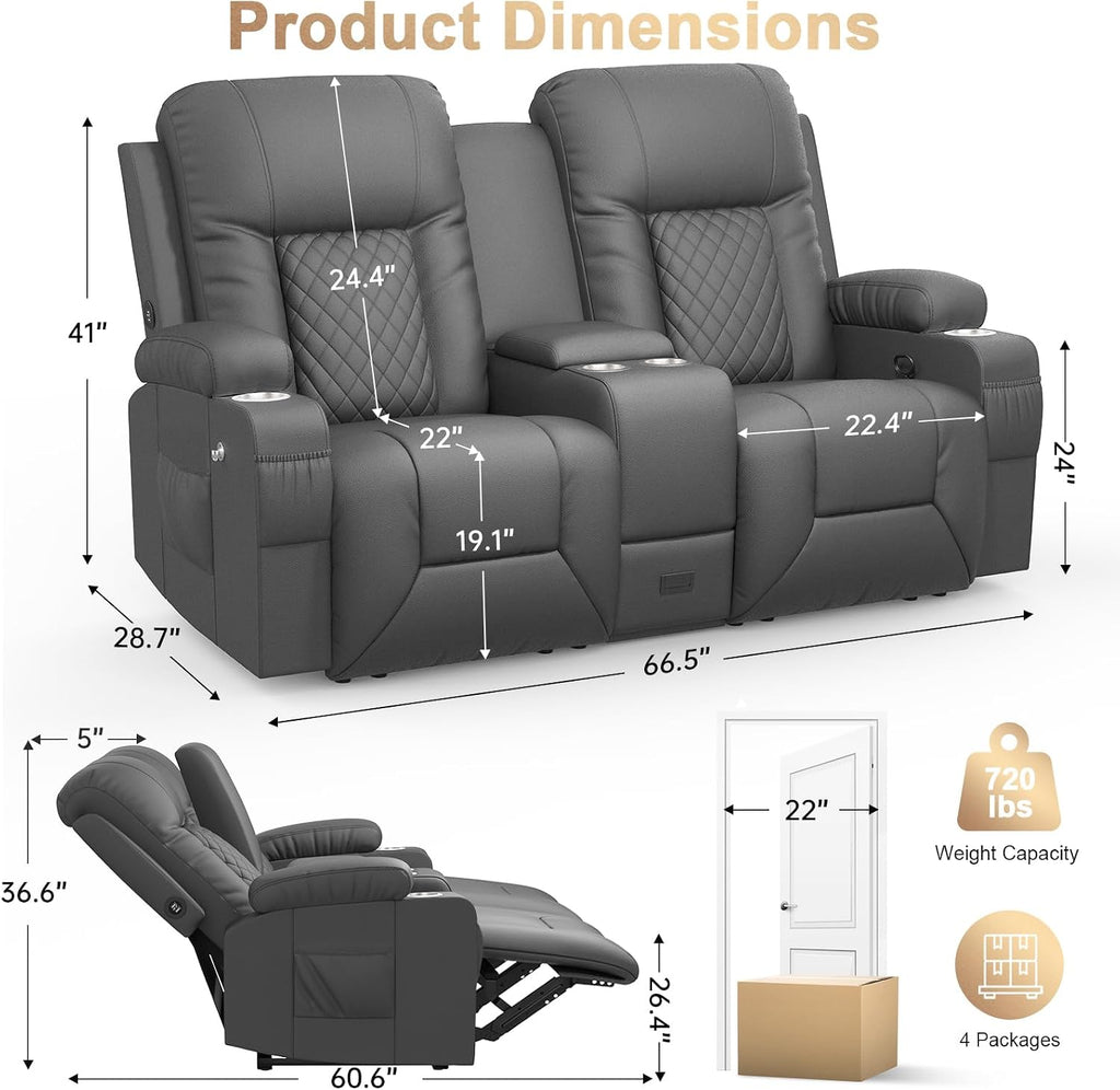 Loveseat Recliner Sofa, Home Theater Seating with Center Console, Reclining Loveseat RV Couch with USB Ports & Phone Holders, Wall Hugger RV Sofa Furniture with Storage & Pocket
