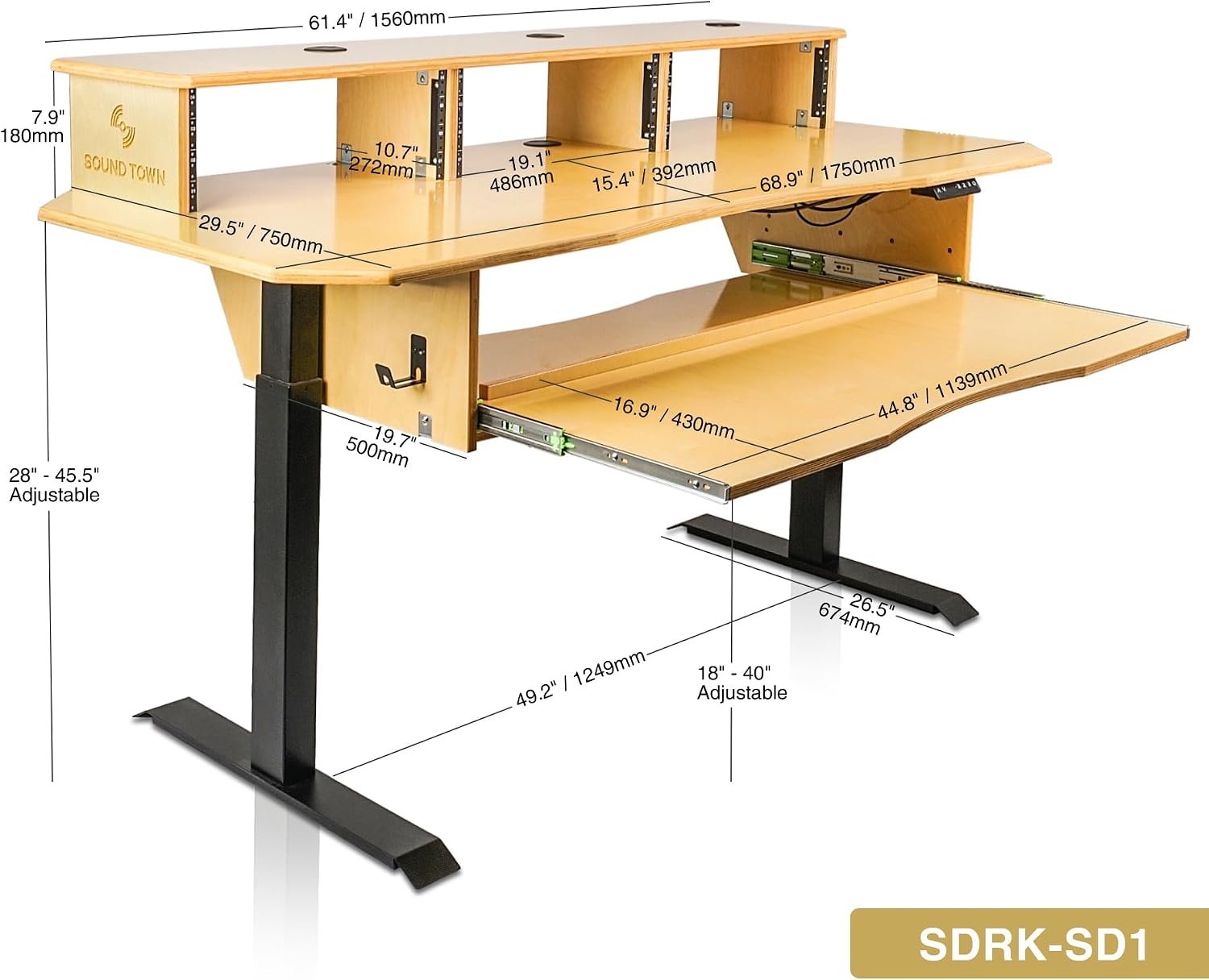 Sound Town DIY Music Studio Desk Workstation Furniture, Electric Height Adjustable, 3x4U Rack Space & Top Shelf, Sliding Piano Keyboard Tray, All Plywood, Golden Oak, (SDRK-SD1)