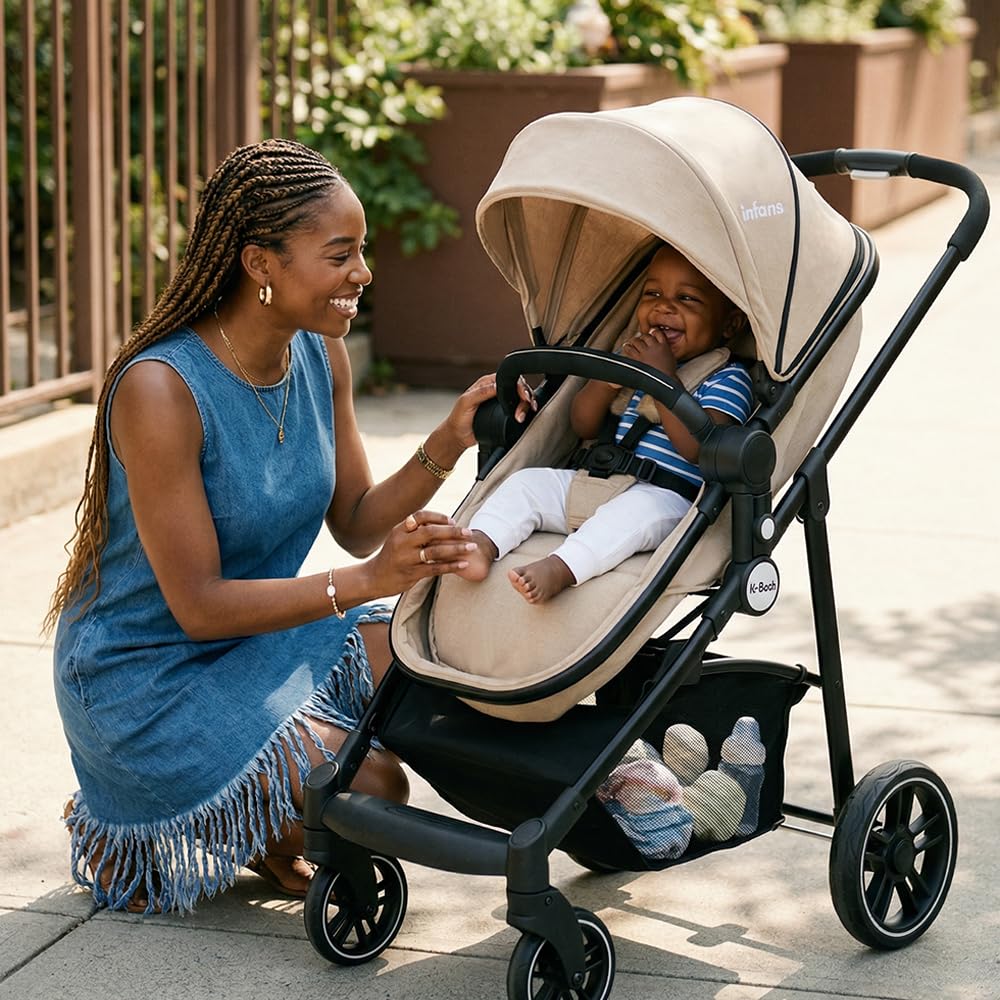 INFANS 2 in 1 Baby Stroller, High Landscape Infant Stroller & Reversible Bassinet Pram, Foldable Pushchair with Adjustable Canopy, Cup Holder, Storage Basket, Suspension Wheels (Khaki)